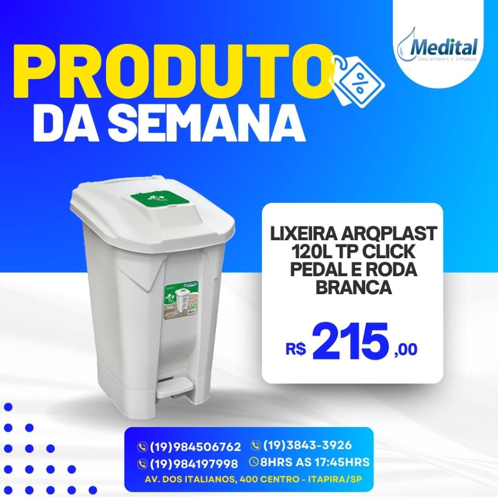 Lixeira ARQPLAST 120L TP Click Pedal e Roda Branca