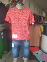 Conjunto Camisa Vermelha Estampada e Shorts Jeans