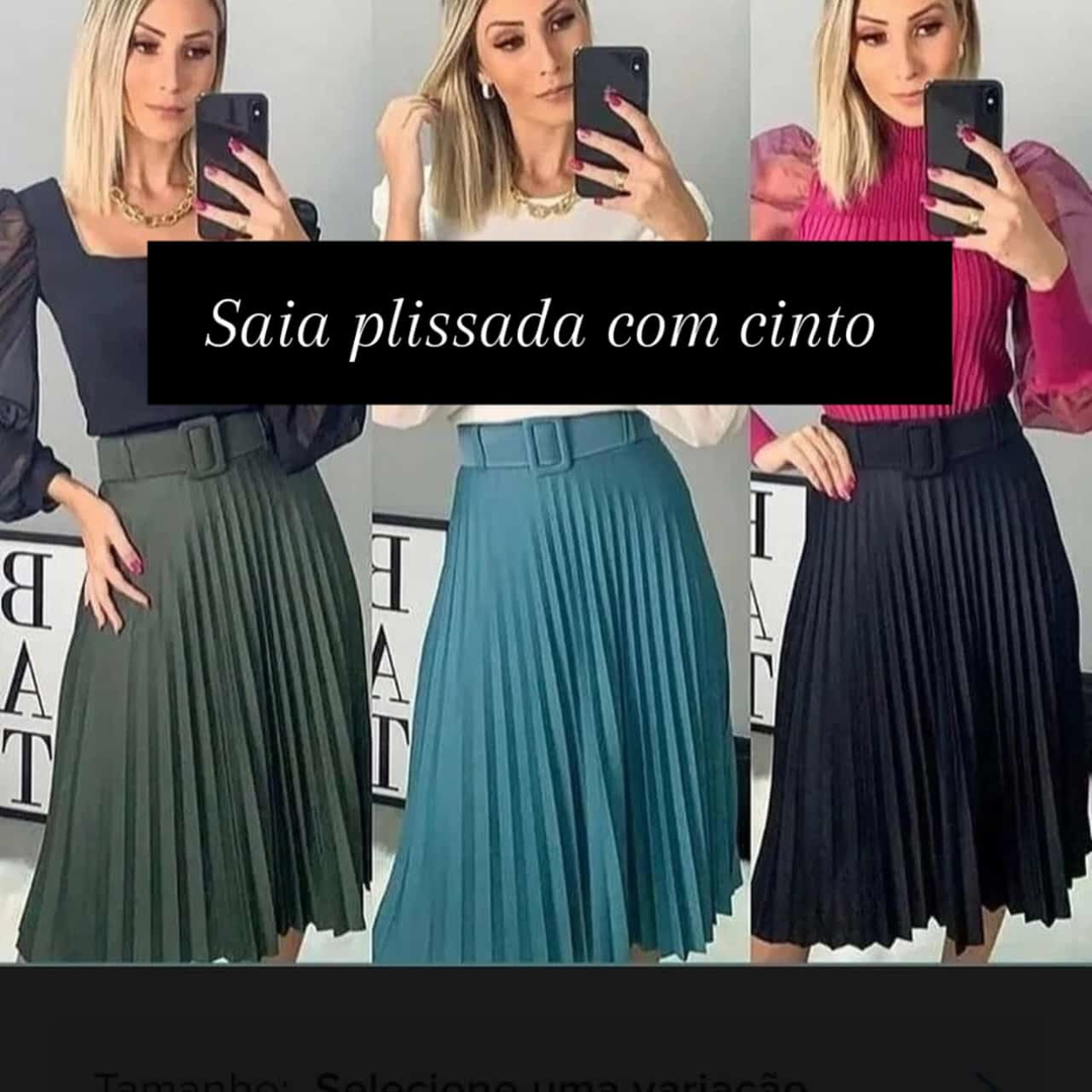 Saia midi plissada com cinto