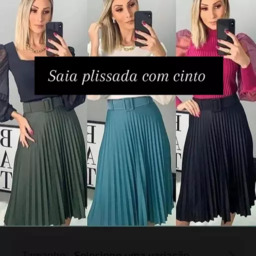 Saia midi plissada com cinto