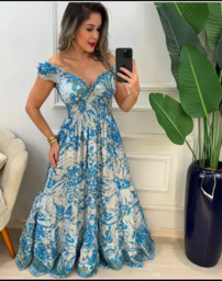 Vestido Seda Indiano Azul Várias Estampas