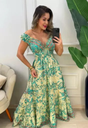 Vestido Seda Indiano Verde Várias Estampas