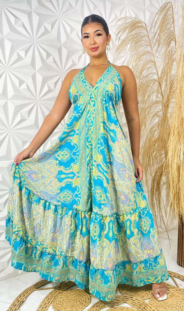 Vestido Indiano Longo Estampado De Seda Para Festa