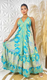 Vestido Indiano Longo Estampado De Seda Para Festa