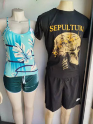 Blusa Feminina com Calça Fina e Shorts e Camiseta Sepultura Masculina